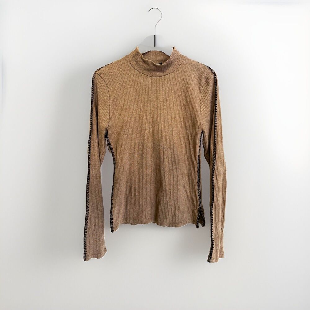 J.CREW Brown Ribbed Knit Mock Neck Pullover Sweater Long Sleeve Women L